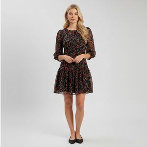 Calvin Klein Women’s Black Red Floral Dress Size 4 • Sheer Sleeves • Ruffle Hem